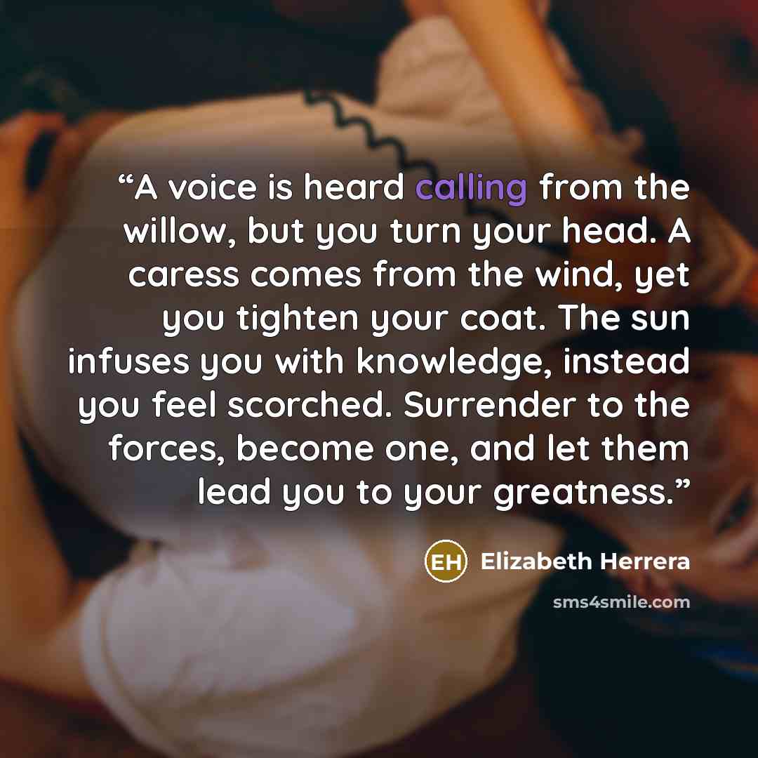 “A voice is heard calling from the willow, but you turn your head. A caress comes from the wind, yet you tighten your coat. The sun infuses you with knowledge, instead you feel scorched. Surrender to the forces, become one, and let them lead you to your greatness.” quote by Elizabeth Herrera