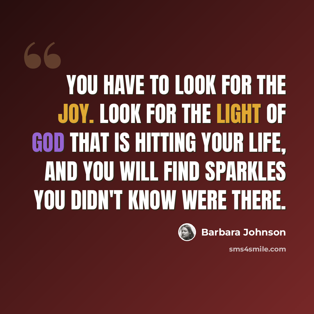 “You have to look for the joy. Look for the light of God that is hitting your life, and you will find sparkles you didn't know were there.” quote by Barbara Johnson