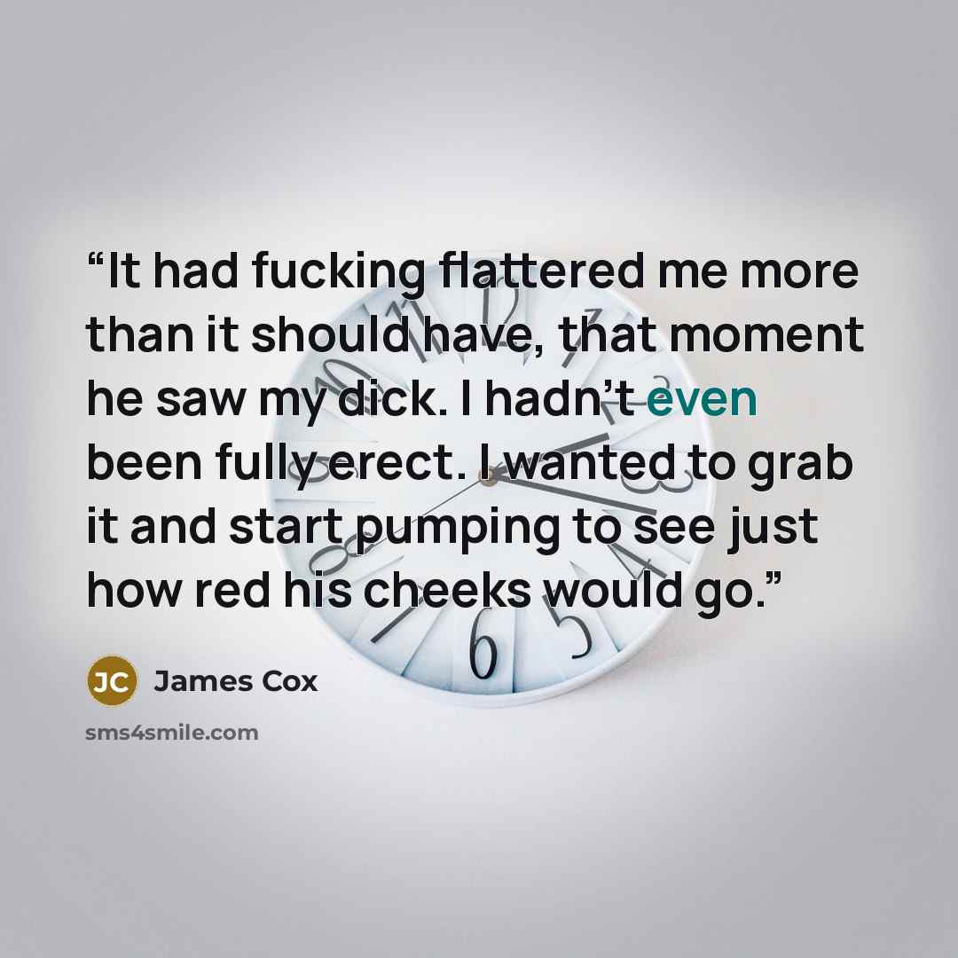 “It had fucking flattered me more than it should have, that moment he saw my dick. I hadn’t even been fully erect. I wanted to grab it and start pumping to see just how red his cheeks would go.” quote by James Cox