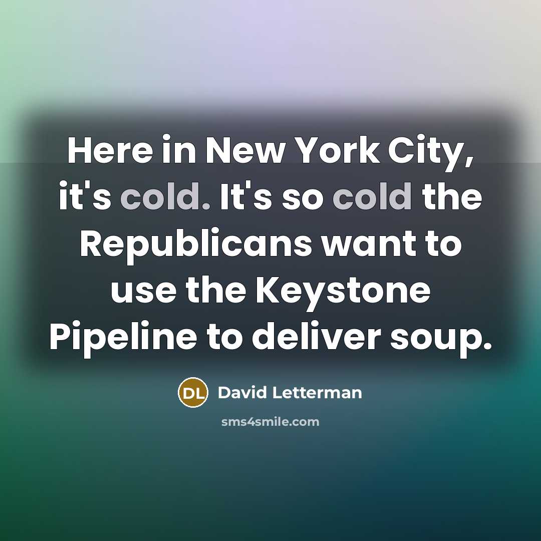 “Here in New York City, it's cold. It's so cold the Republicans want to use the Keystone Pipeline to deliver soup.” quote by David Letterman