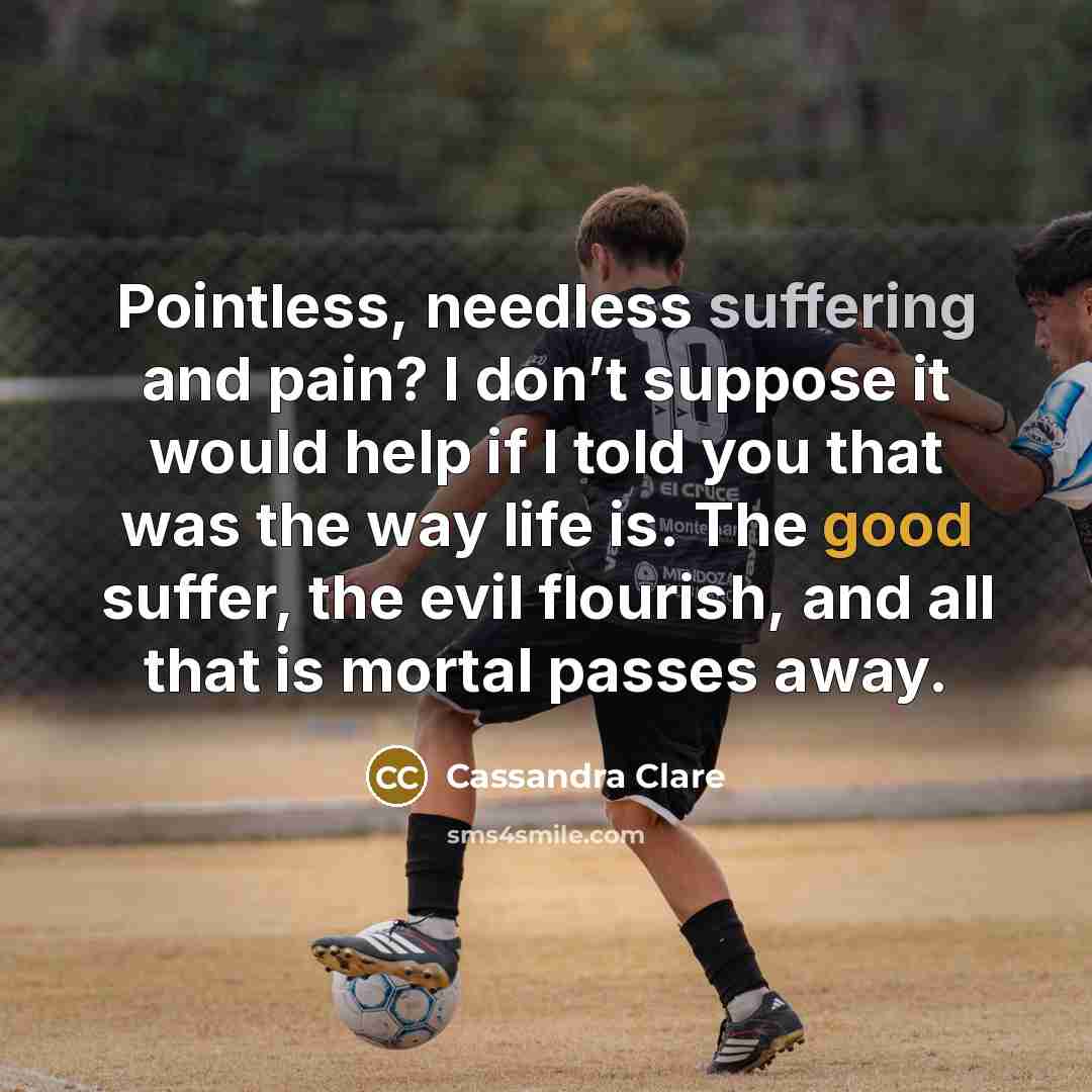 “Pointless, needless suffering and pain? I don’t suppose it would help if I told you that was the way life is. The good suffer, the evil flourish, and all that is mortal passes away.” quote by Cassandra Clare