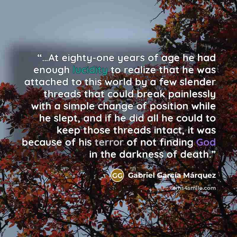 “…At eighty-one years of age he had enough lucidity to realize that he was attached to this world by a few slender threads that could break painlessly with a simple change of position while he slept, and if he did all he could to keep those threads intact, it was because of his terror of not…” quote by Gabriel García Márquez