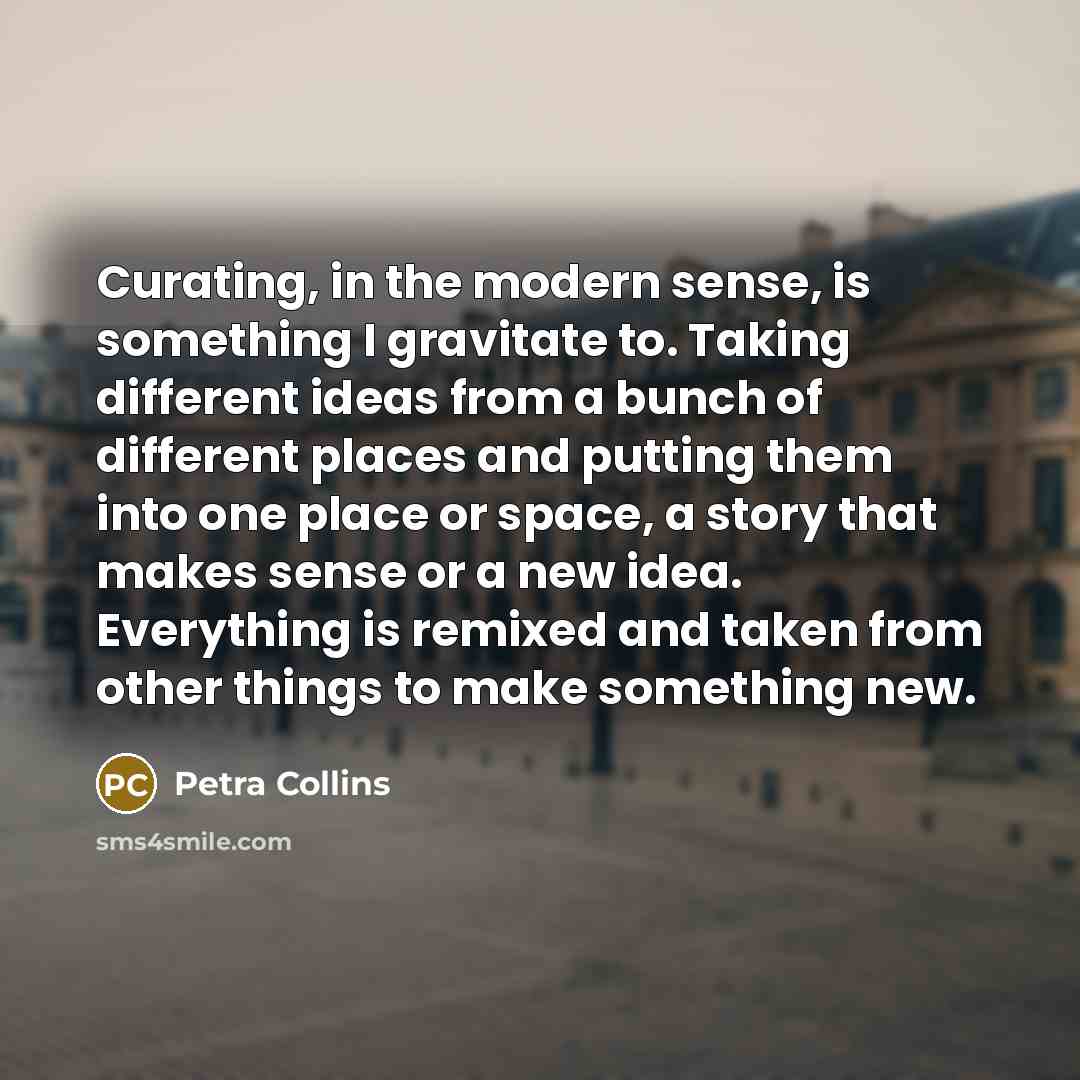 “Curating, in the modern sense, is something I gravitate to. Taking different ideas from a bunch of different places and putting them into one place or space, a story that makes sense or a new idea. Everything is remixed and taken from other things to make something new.” quote by Petra Collins