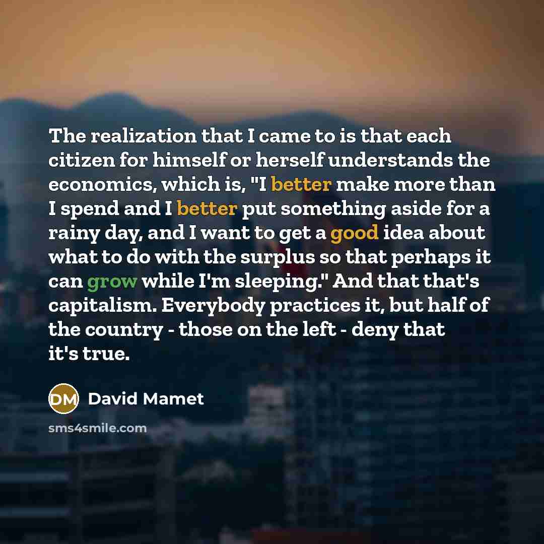 “The realization that I came to is that each citizen for himself or herself understands the economics, which is, "I better make more than I spend and I better put something aside for a rainy day, and I want to get a good idea about what to do with the surplus so that perhaps it can grow while I'm…” quote by David Mamet