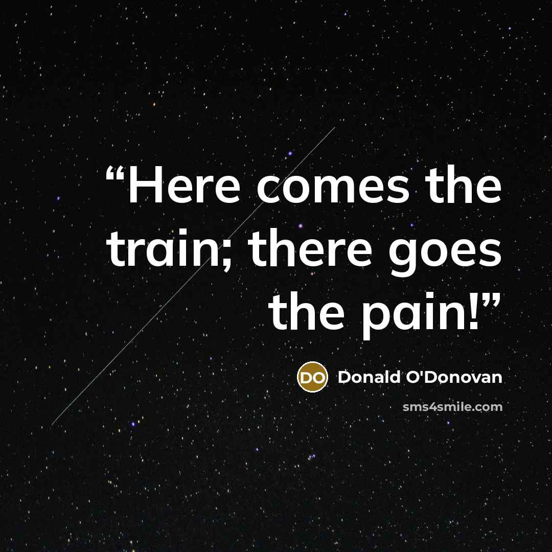 “Here comes the train; there goes the pain!” quote by Donald O'Donovan