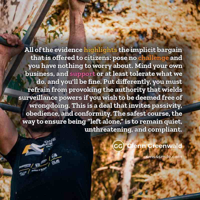“All of the evidence highlights the implicit bargain that is offered to citizens: pose no challenge and you have nothing to worry about. Mind your own business, and support or at least tolerate what we do, and you'll be fine. Put differently, you must refrain from provoking the authority that…” quote by Glenn Greenwald