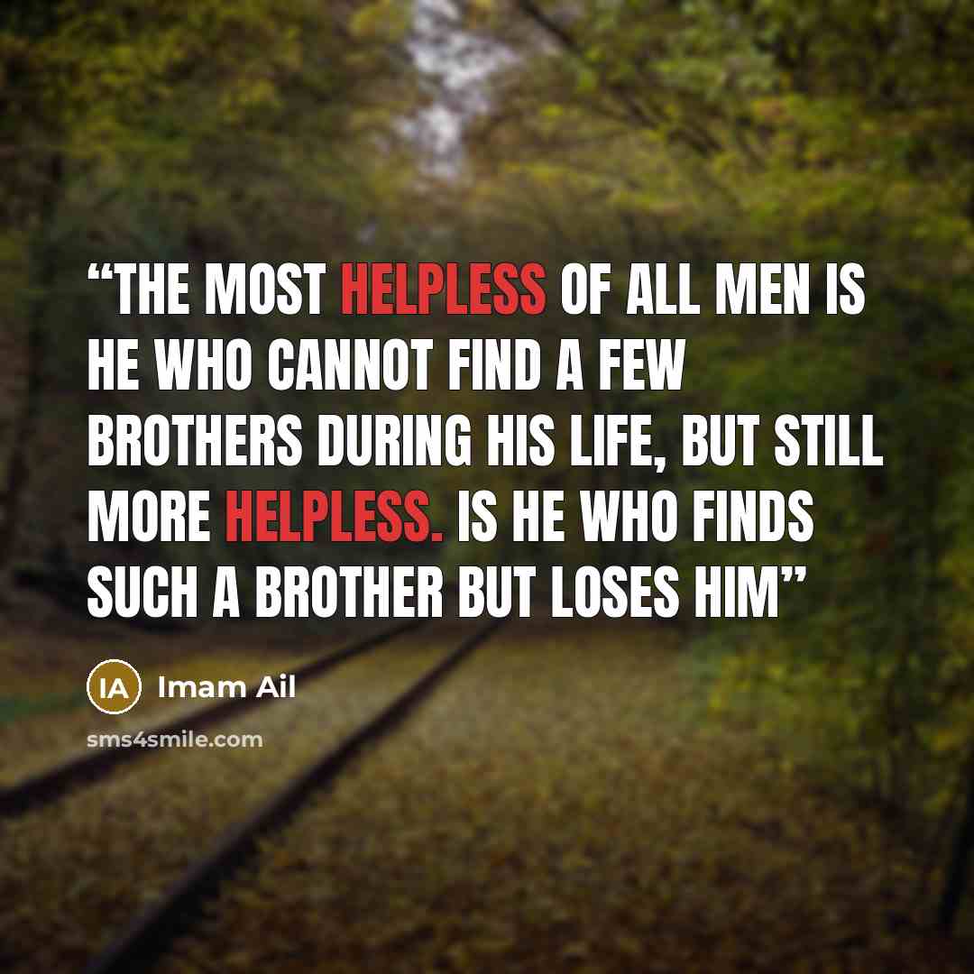 “The most helpless of all men is he who cannot find a few brothers during his life, but still more helpless. is he who finds such a brother but loses him” quote by Imam Ail