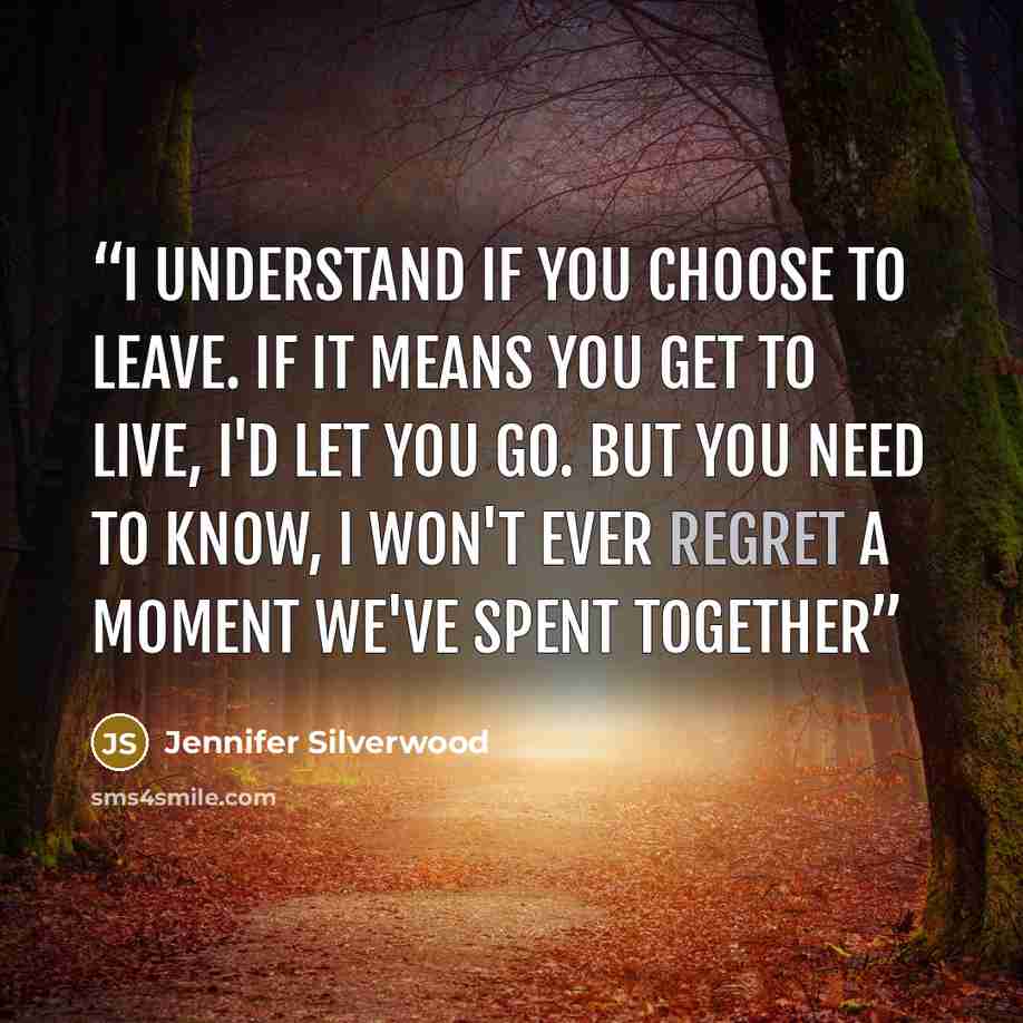 “I understand if you choose to leave. If it means you get to live, I'd let you go. But you need to know, I won't ever regret a moment we've spent together” quote by Jennifer Silverwood