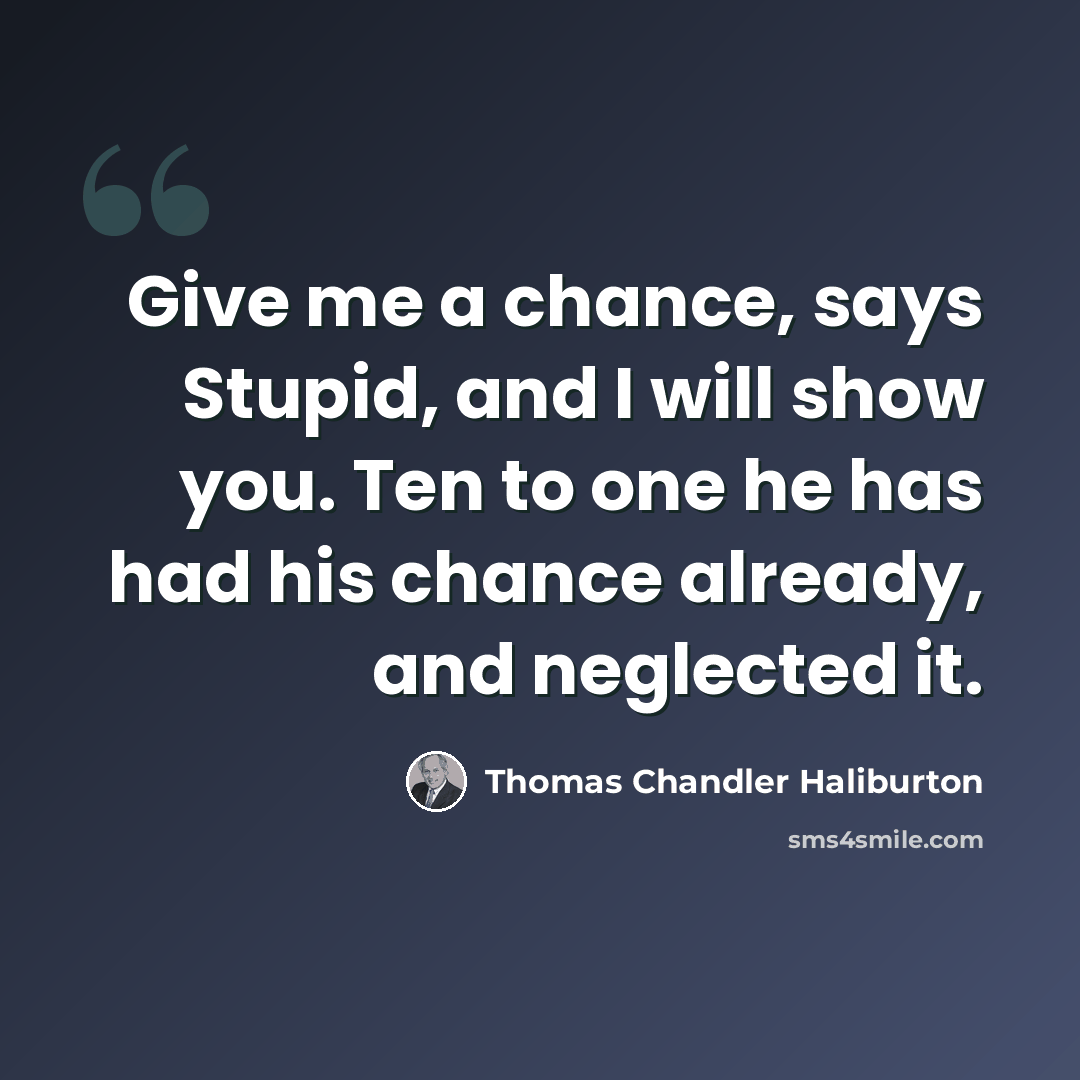 “Give me a chance, says Stupid, and I will show you. Ten to one he has had his chance already, and neglected it.” quote by Thomas Chandler Haliburton