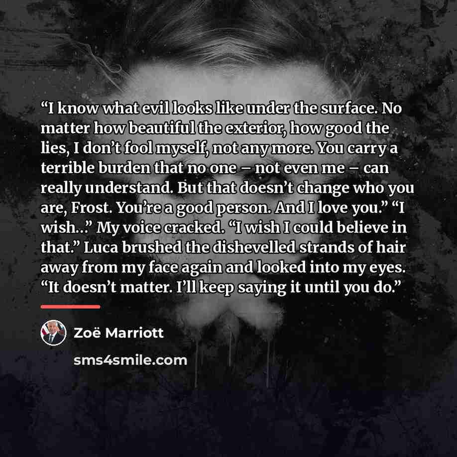 “I know what evil looks like under the surface. No matter how beautiful the exterior, how good the lies, I don’t fool myself, not any more. You carry a terrible burden that no one – not even me – can really understand. But that doesn’t change who you are, Frost. You’re a good person. And I love…” quote by Zoë Marriott
