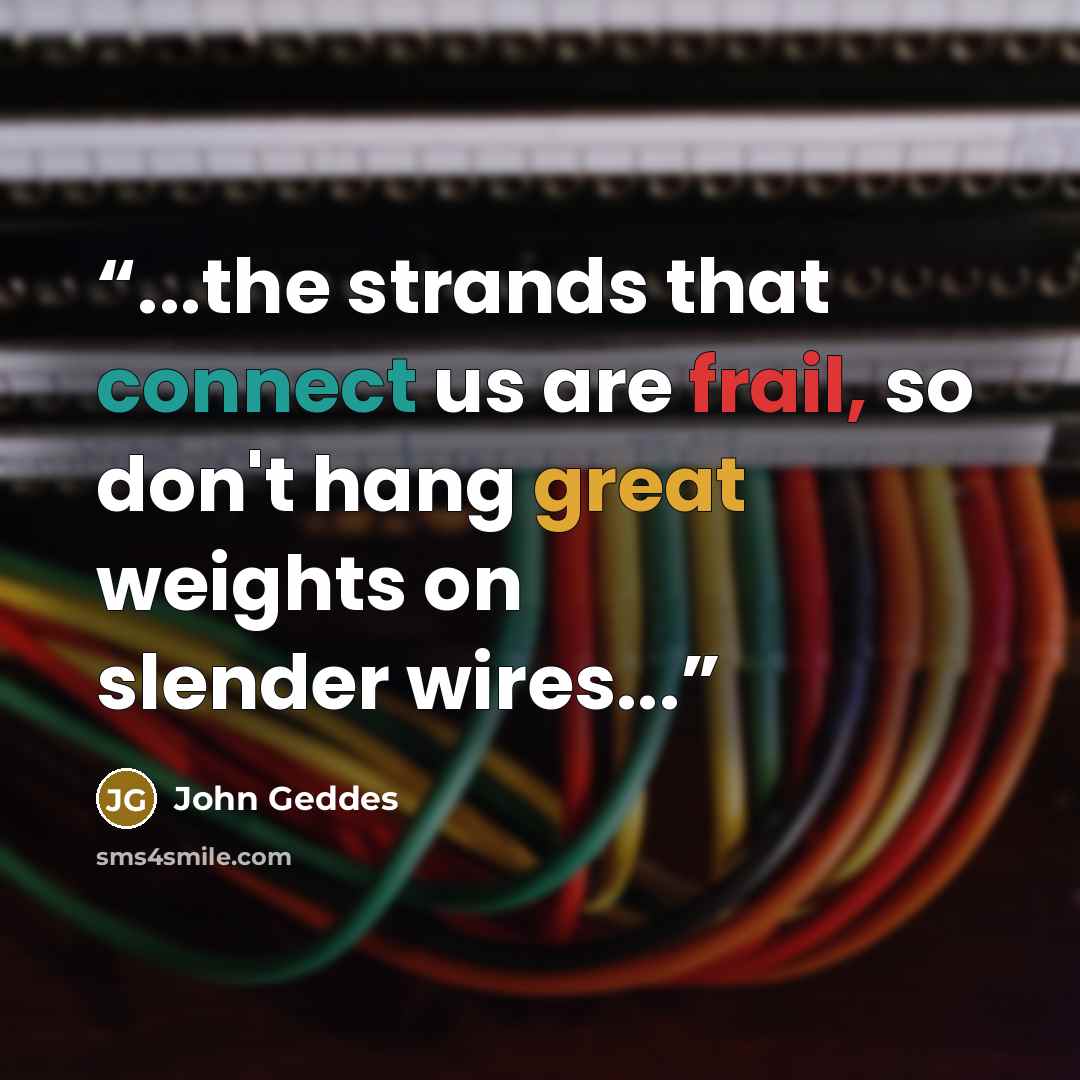 “...the strands that connect us are frail, so don't hang great weights on slender wires...” quote by John Geddes