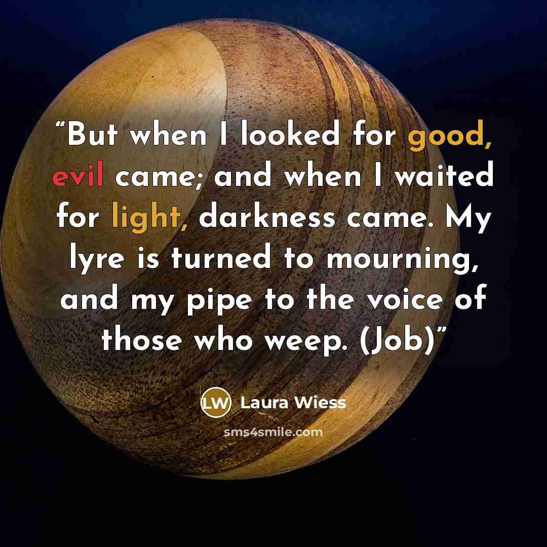 “But when I looked for good, evil came; and when I waited for light, darkness came. My lyre is turned to mourning, and my pipe to the voice of those who weep. (Job)” quote by Laura Wiess
