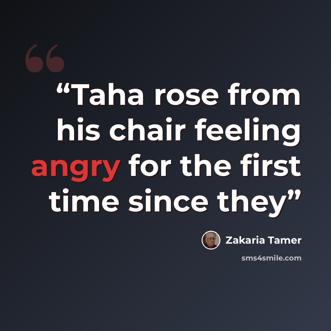 “Taha rose from his chair feeling angry for the first time since they” quote by Zakaria Tamer