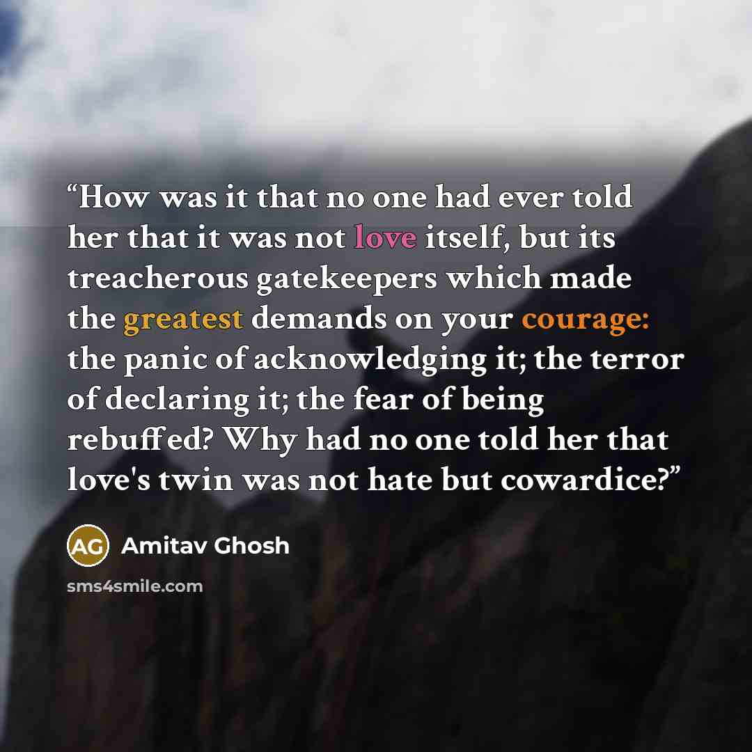 “How was it that no one had ever told her that it was not love itself, but its treacherous gatekeepers which made the greatest demands on your courage: the panic of acknowledging it; the terror of declaring it; the fear of being rebuffed? Why had no one told her that love's twin was not hate but…” quote by Amitav Ghosh