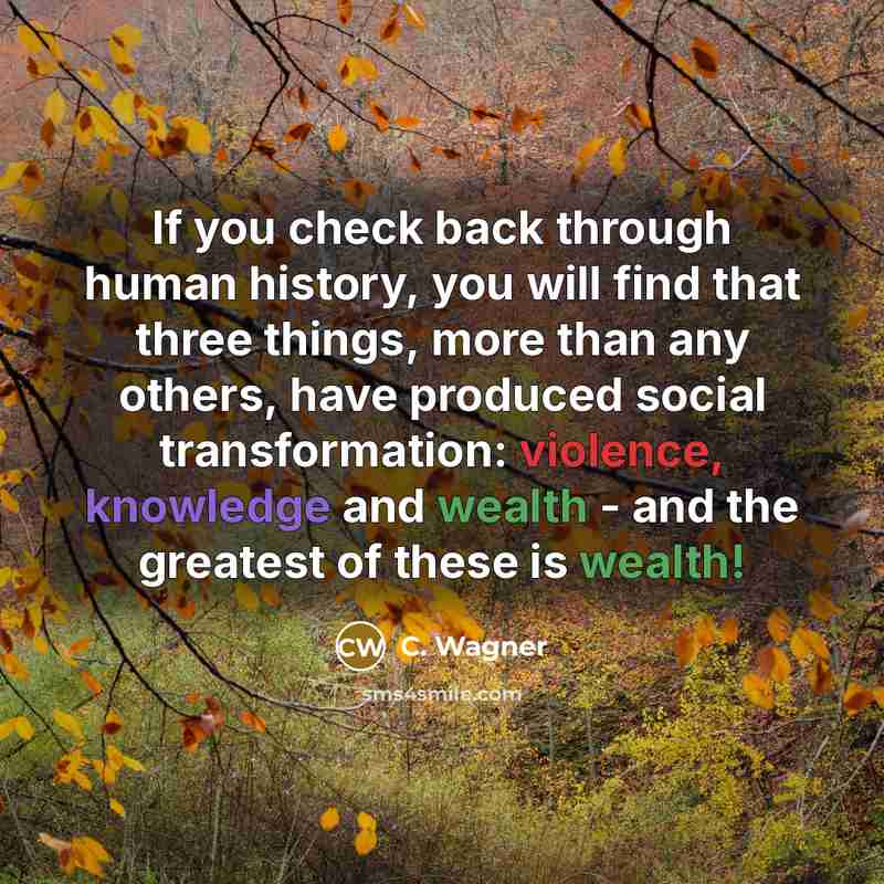 “If you check back through human history, you will find that three things, more than any others, have produced social transformation: violence, knowledge and wealth - and the greatest of these is wealth!” quote by C. Wagner