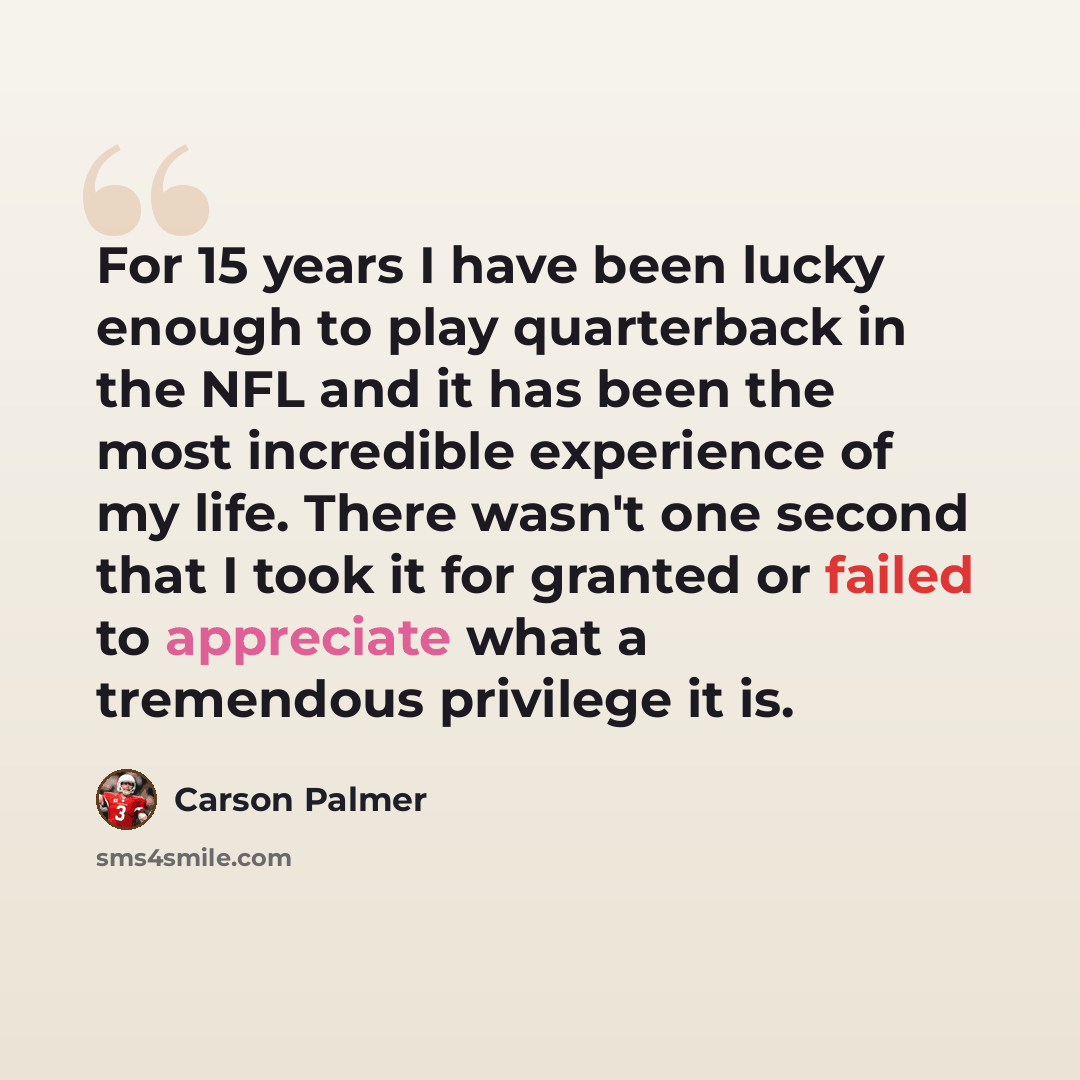 “For 15 years I have been lucky enough to play quarterback in the NFL and it has been the most incredible experience of my life. There wasn't one second that I took it for granted or failed to appreciate what a tremendous privilege it is.” quote by Carson Palmer