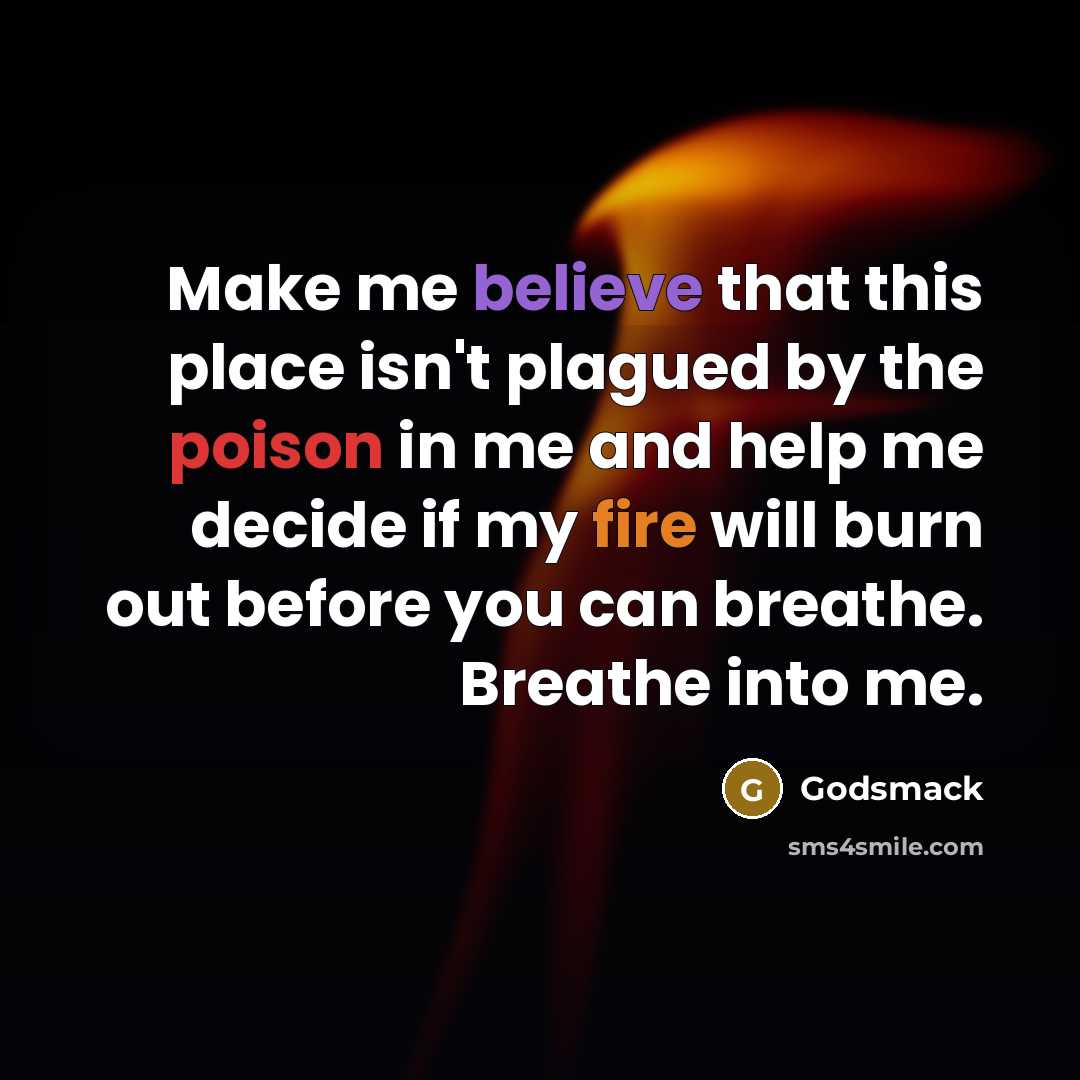 “Make me believe that this place isn't plagued by the poison in me and help me decide if my fire will burn out before you can breathe. Breathe into me.” quote by Godsmack