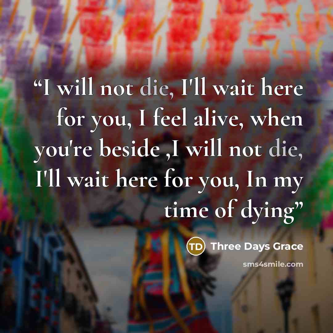 “I will not die, I'll wait here for you, I feel alive, when you're beside ,I will not die, I'll wait here for you, In my time of dying” quote by Three Days Grace