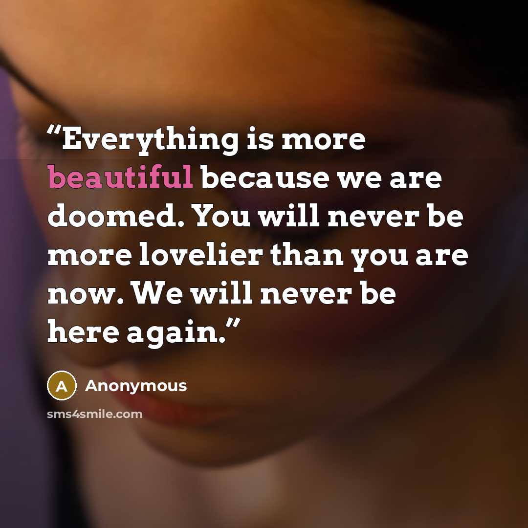“Everything is more beautiful because we are doomed. You will never be more lovelier than you are now. We will never be here again.” quote by Anonymous