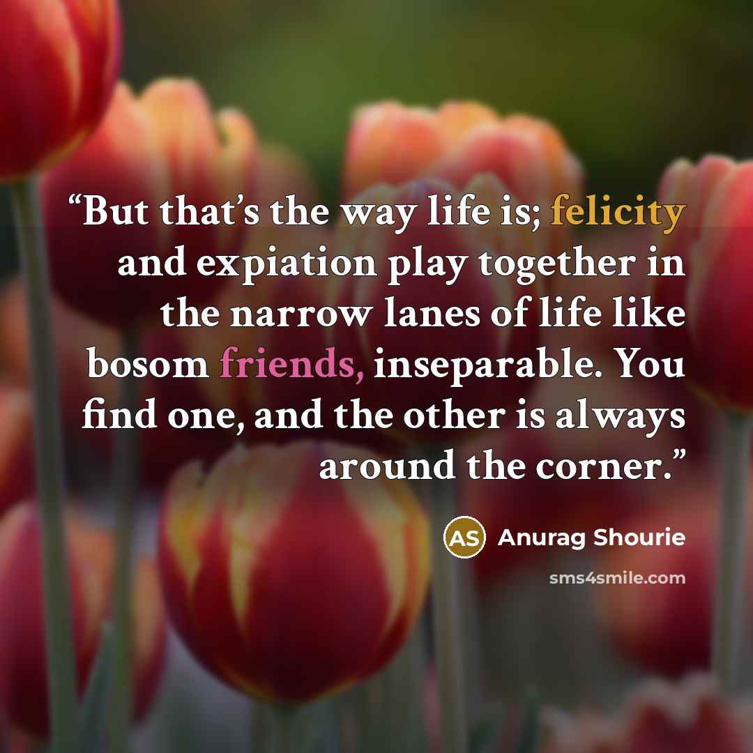 “But that’s the way life is; felicity and expiation play together in the narrow lanes of life like bosom friends, inseparable. You find one, and the other is always around the corner.” quote by Anurag Shourie