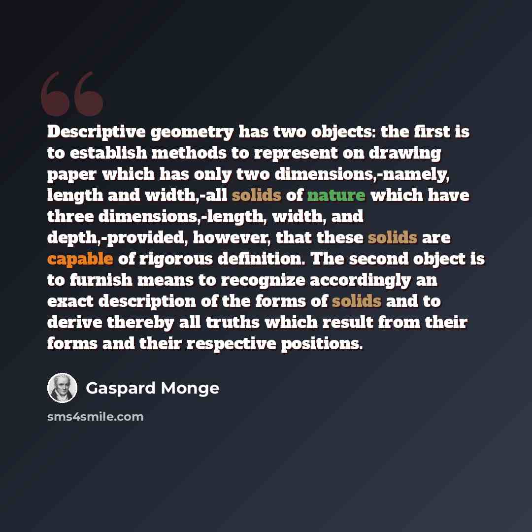 “Descriptive geometry has two objects: the first is to establish methods to represent on drawing paper which has only two dimensions,-namely, length and width,-all solids of nature which have three dimensions,-length, width, and depth,-provided, however, that these solids are capable of rigorous…” quote by Gaspard Monge