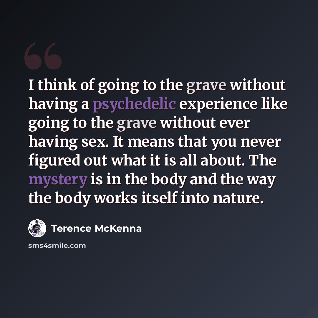 “I think of going to the grave without having a psychedelic experience like going to the grave without ever having sex. It means that you never figured out what it is all about. The mystery is in the body and the way the body works itself into nature.” quote by Terence Mckenna