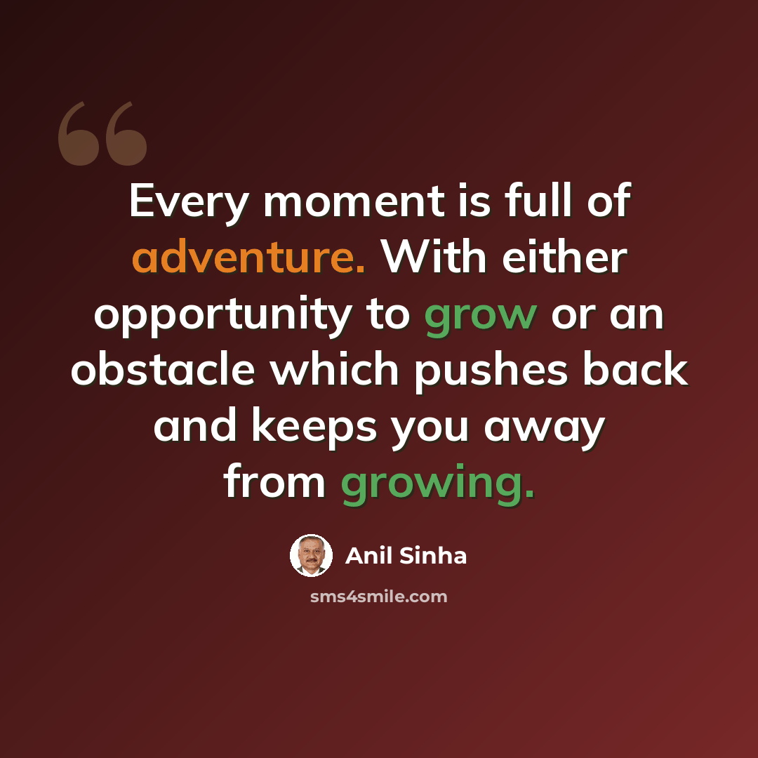 “Every moment is full of adventure. With either opportunity to grow or an obstacle which pushes back and keeps you away from growing.” quote by Anil Sinha