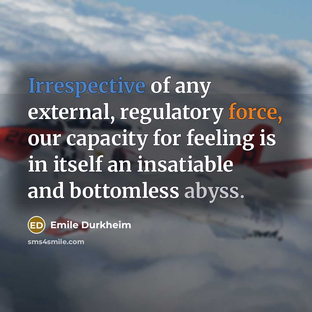 “Irrespective of any external, regulatory force, our capacity for feeling is in itself an insatiable and bottomless abyss.” quote by Emile Durkheim