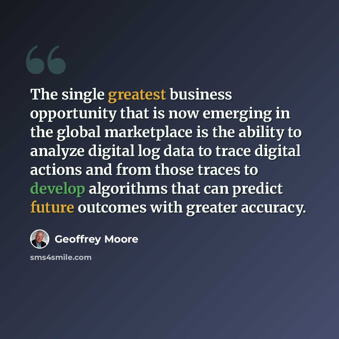 “The single greatest business opportunity that is now emerging in the global marketplace is the ability to analyze digital log data to trace digital actions and from those traces to develop algorithms that can predict future outcomes with greater accuracy.” quote by Geoffrey Moore