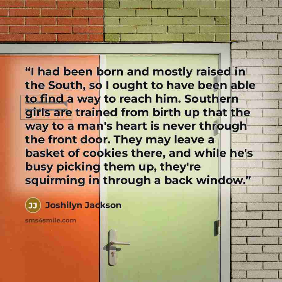 “I had been born and mostly raised in the South, so I ought to have been able to find a way to reach him. Southern girls are trained from birth up that the way to a man's heart is never through the front door. They may leave a basket of cookies there, and while he's busy picking them up, they're…” quote by Joshilyn Jackson