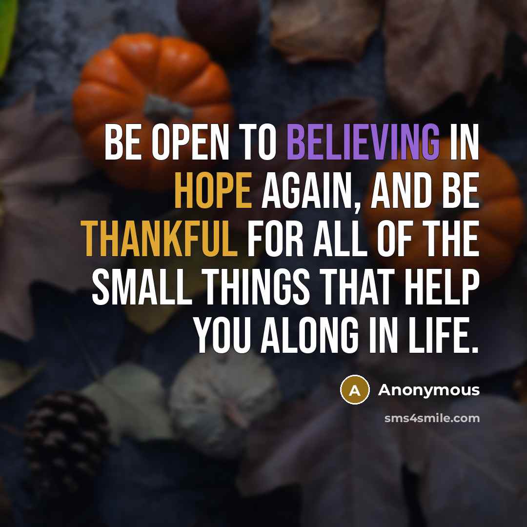 “Be open to believing in hope again, and be thankful for all of the small things that help you along in life.” quote by Anonymous