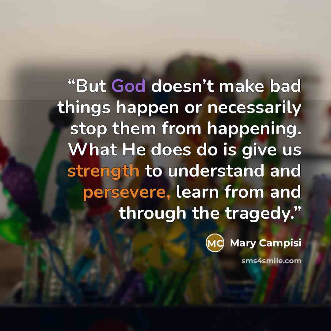“But God doesn’t make bad things happen or necessarily stop them from happening. What He does do is give us strength to understand and persevere, learn from and through the tragedy.” quote by Mary Campisi