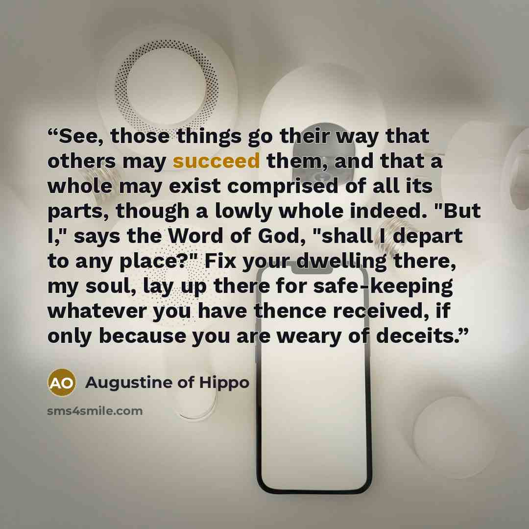 “See, those things go their way that others may succeed them, and that a whole may exist comprised of all its parts, though a lowly whole indeed. "But I," says the Word of God, "shall I depart to any place?" Fix your dwelling there, my soul, lay up there for safe-keeping whatever you have thence…” quote by Augustine of Hippo