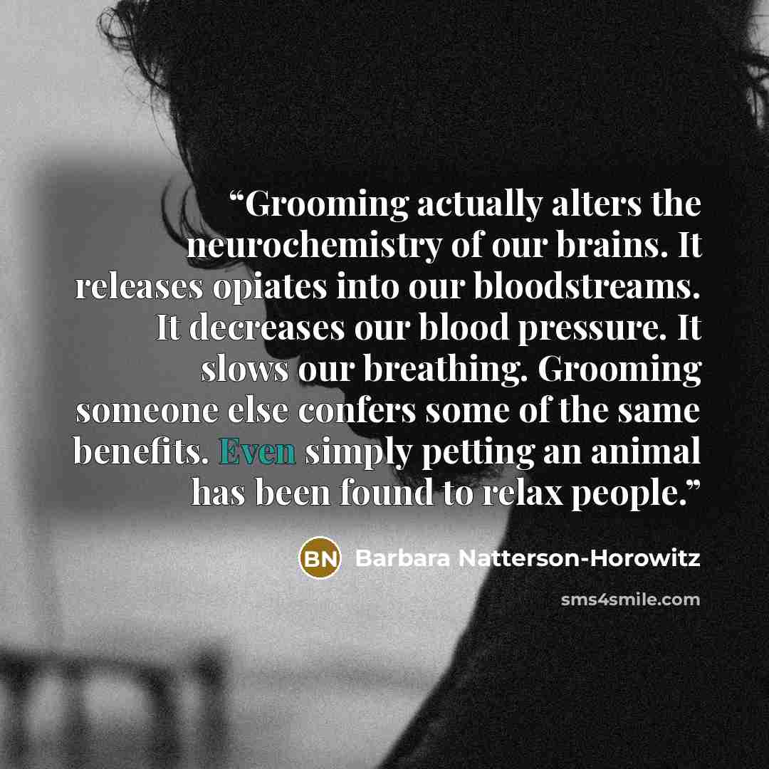 “Grooming actually alters the neurochemistry of our brains. It releases opiates into our bloodstreams. It decreases our blood pressure. It slows our breathing. Grooming someone else confers some of the same benefits. Even simply petting an animal has been found to relax people.” quote by Barbara Natterson-Horowitz