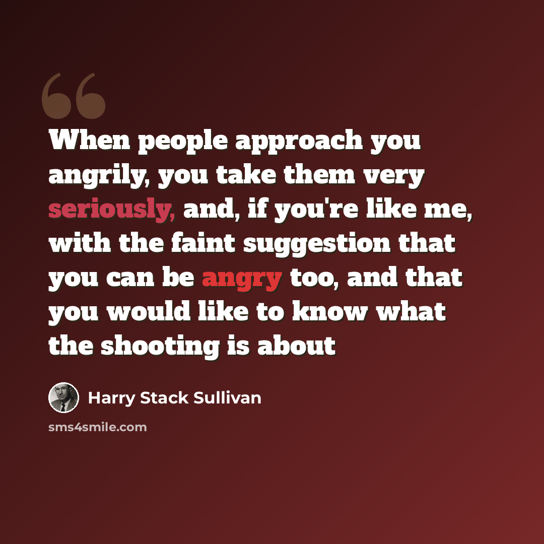 “When people approach you angrily, you take them very seriously, and, if you're like me, with the faint suggestion that you can be angry too, and that you would like to know what the shooting is about” quote by Harry Stack Sullivan