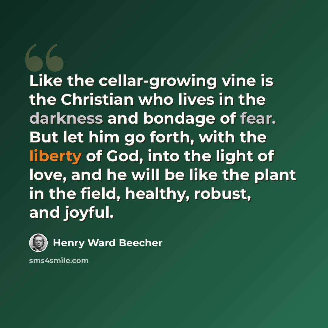 “Like the cellar-growing vine is the Christian who lives in the darkness and bondage of fear. But let him go forth, with the liberty of God, into the light of love, and he will be like the plant in the field, healthy, robust, and joyful.” quote by Henry Ward Beecher