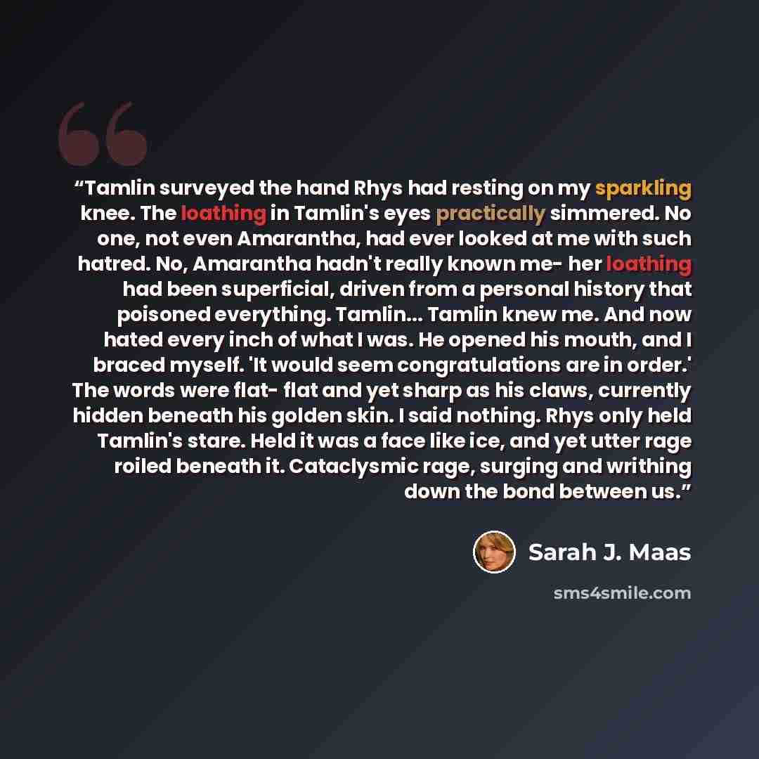 “Tamlin surveyed the hand Rhys had resting on my sparkling knee. The loathing in Tamlin's eyes practically simmered. No one, not even Amarantha, had ever looked at me with such hatred. No, Amarantha hadn't really known me- her loathing had been superficial, driven from a personal history that…” quote by Sarah J. Maas