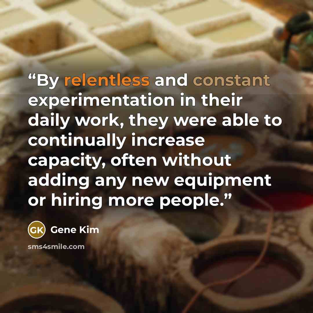“By relentless and constant experimentation in their daily work, they were able to continually increase capacity, often without adding any new equipment or hiring more people.” quote by Gene Kim