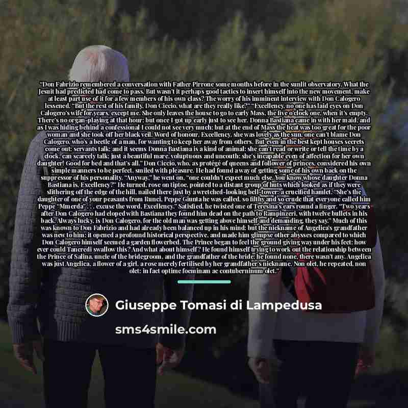 “Don Fabrizio remembered a conversation with Father Pirrone some months before in the sunlit observatory. What the Jesuit had predicted had come to pass. But wasn’t it perhaps good tactics to insert himself into the new movement, make at least part use of it for a few members of his own class? The…” quote by Giuseppe Tomasi di Lampedusa