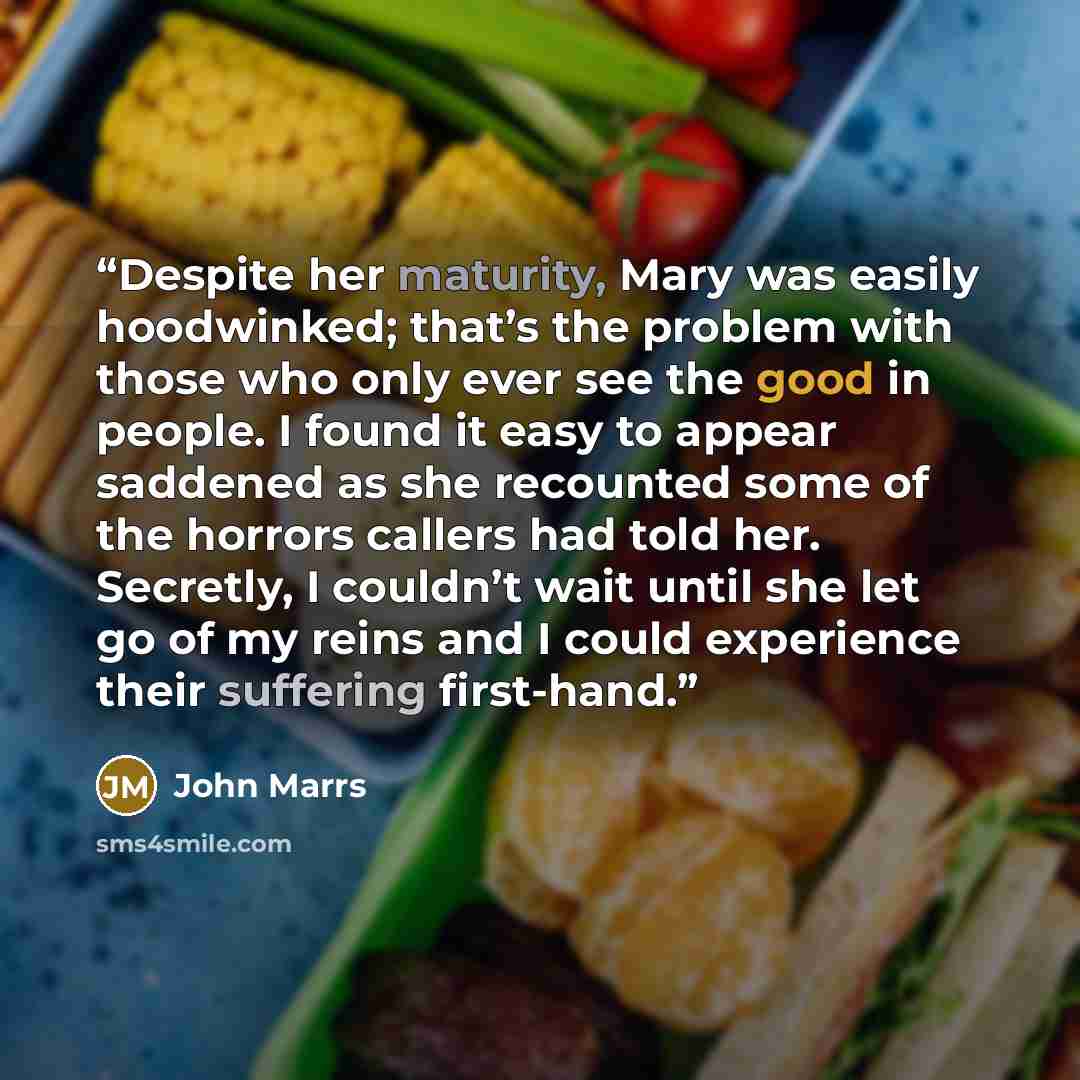 “Despite her maturity, Mary was easily hoodwinked; that’s the problem with those who only ever see the good in people. I found it easy to appear saddened as she recounted some of the horrors callers had told her. Secretly, I couldn’t wait until she let go of my reins and I could experience their…” quote by John Marrs
