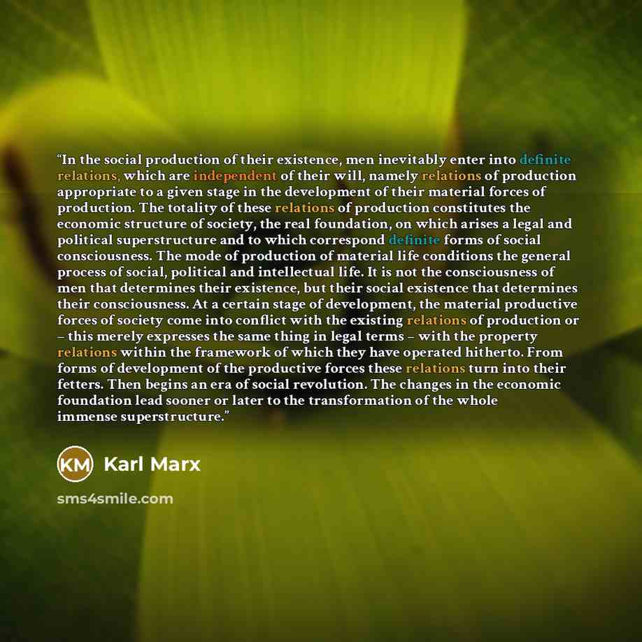 “In the social production of their existence, men inevitably enter into definite relations, which are independent of their will, namely relations of production appropriate to a given stage in the development of their material forces of production. The totality of these relations of production…” quote by Karl Marx