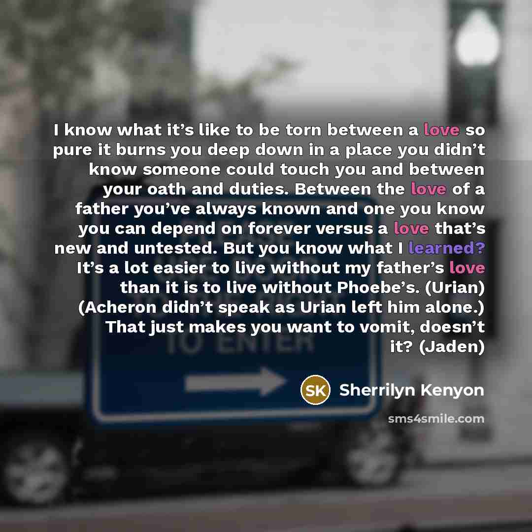 “I know what it’s like to be torn between a love so pure it burns you deep down in a place you didn’t know someone could touch you and between your oath and duties. Between the love of a father you’ve always known and one you know you can depend on forever versus a love that’s new and untested. But…” quote by Sherrilyn Kenyon