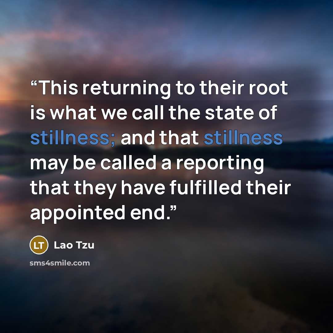“This returning to their root is what we call the state of stillness; and that stillness may be called a reporting that they have fulfilled their appointed end.” quote by Lao Tzu