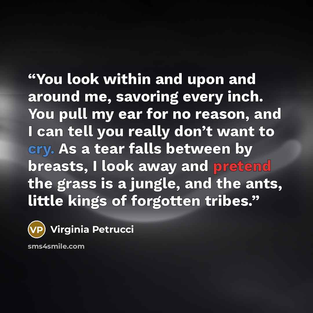 “You look within and upon and around me, savoring every inch. You pull my ear for no reason, and I can tell you really don’t want to cry. As a tear falls between by breasts, I look away and pretend the grass is a jungle, and the ants, little kings of forgotten tribes.” quote by Virginia Petrucci