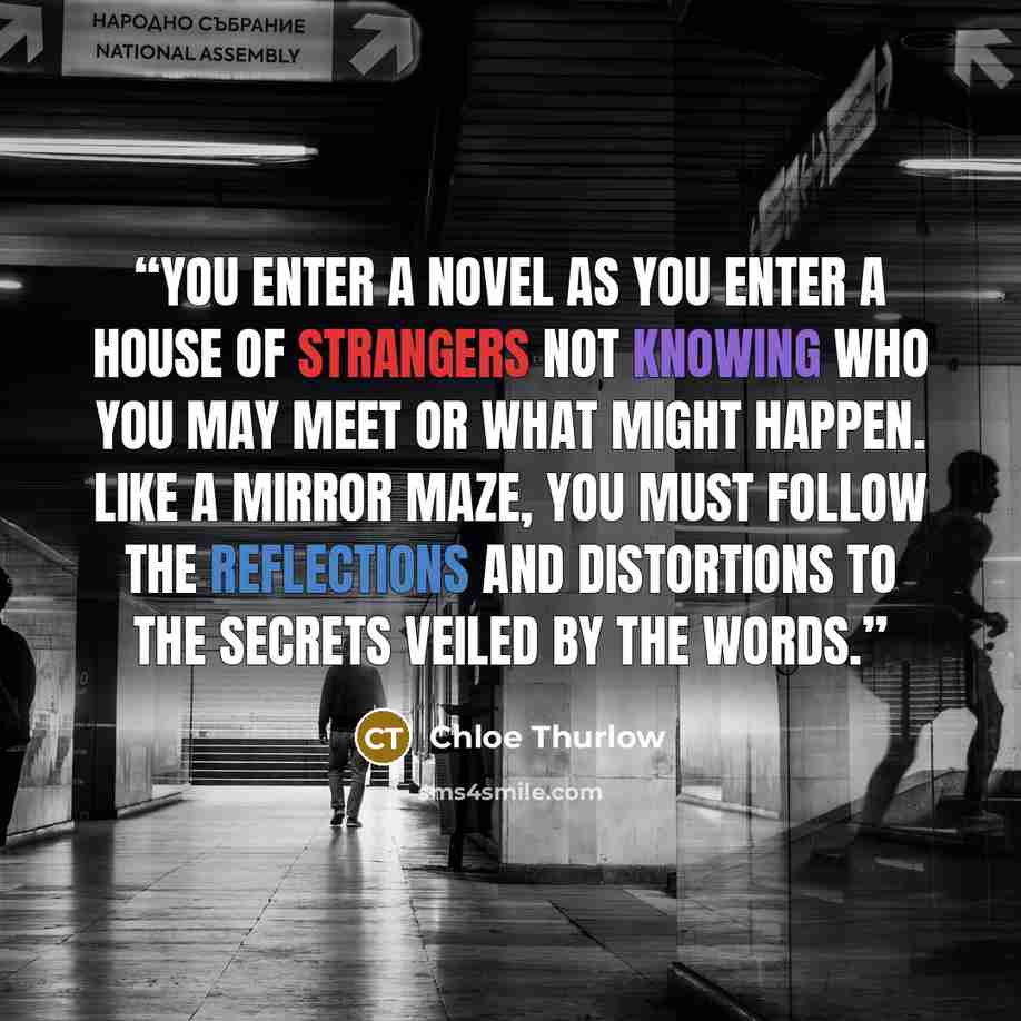 “You enter a novel as you enter a house of strangers not knowing who you may meet or what might happen. Like a mirror maze, you must follow the reflections and distortions to the secrets veiled by the words.” quote by Chloe Thurlow