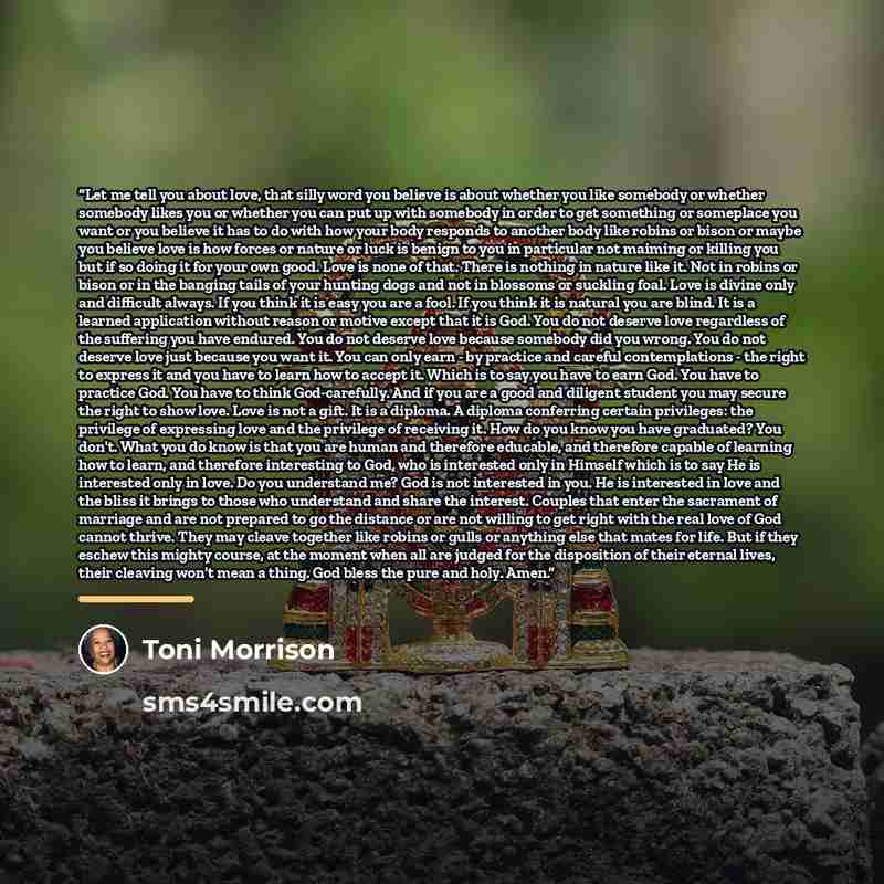 “Let me tell you about love, that silly word you believe is about whether you like somebody or whether somebody likes you or whether you can put up with somebody in order to get something or someplace you want or you believe it has to do with how your body responds to another body like robins or…” quote by Toni Morrison