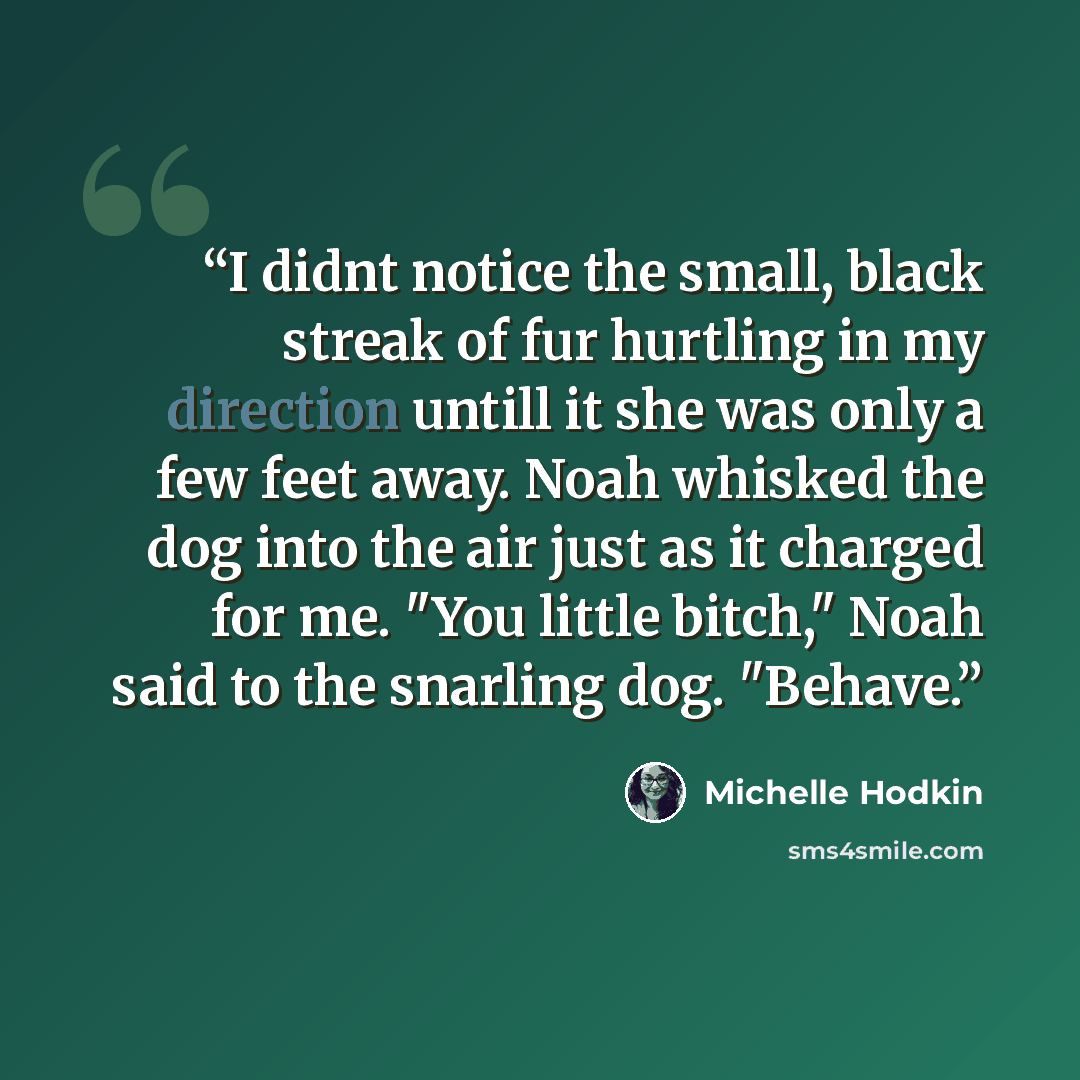 “I didnt notice the small, black streak of fur hurtling in my direction untill it she was only a few feet away. Noah whisked the dog into the air just as it charged for me. "You little bitch," Noah said to the snarling dog. "Behave.” quote by Michelle Hodkin