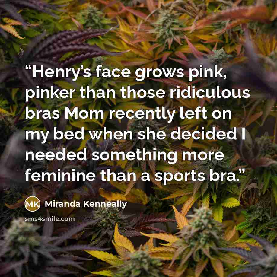 “Henry’s face grows pink, pinker than those ridiculous bras Mom recently left on my bed when she decided I needed something more feminine than a sports bra.” quote by Miranda Kenneally