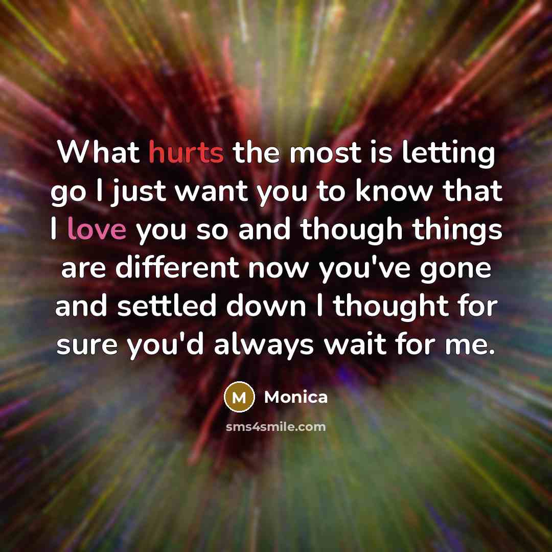 “What hurts the most is letting go I just want you to know that I love you so and though things are different now you've gone and settled down I thought for sure you'd always wait for me.” quote by Monica