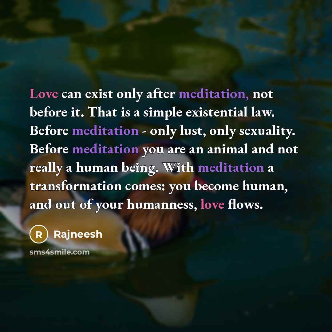 “Love can exist only after meditation, not before it. That is a simple existential law. Before meditation - only lust, only sexuality. Before meditation you are an animal and not really a human being. With meditation a transformation comes: you become human, and out of your humanness, love flows.” quote by Rajneesh